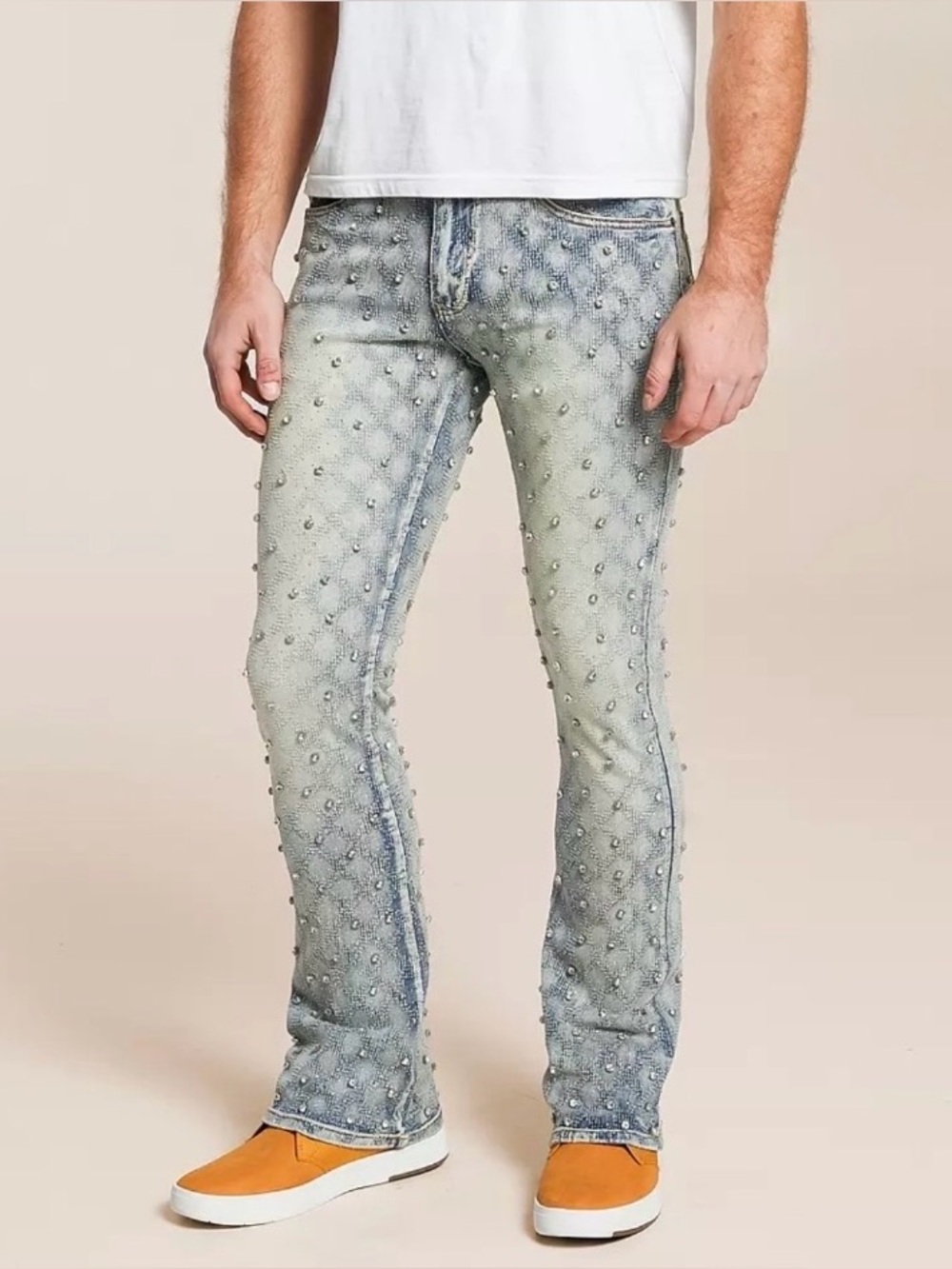 R3BEL Denim Slim Stacked Flare Stretch Rhinestone Jeans Buckle Men’s 38